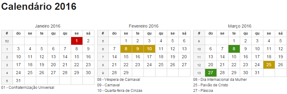 Feriados em 2016