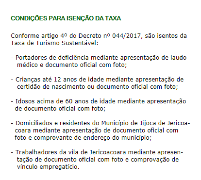 isenção da taxa em Jericoacoara