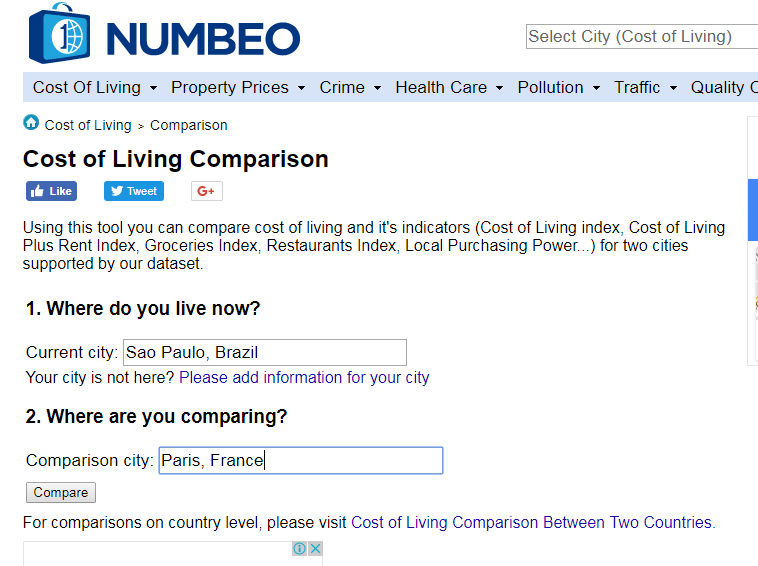 Numbeo - comparativo de custo entre os lugares
