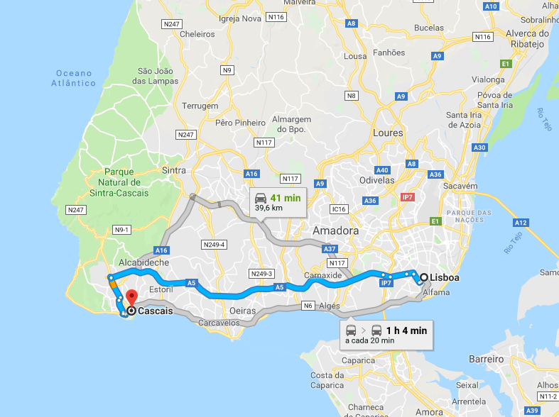 Mapa de Lisboa a Cascais e Estoril