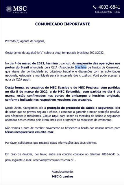 Comunicado MSC liberação dos cruzeiros