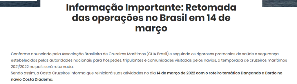 Comunicado Costa liberação Cruzeiros